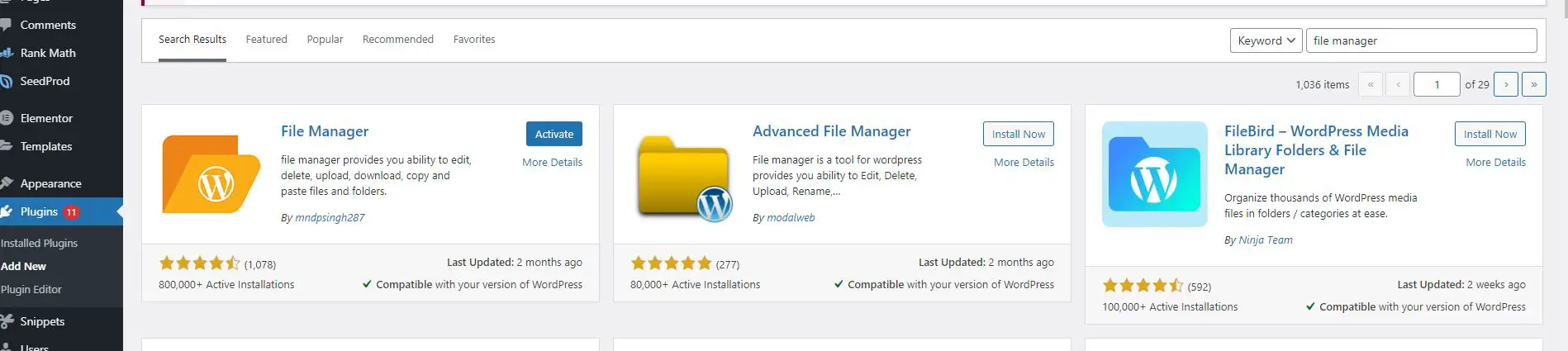 Search "File Manager" in WordPress plugin search